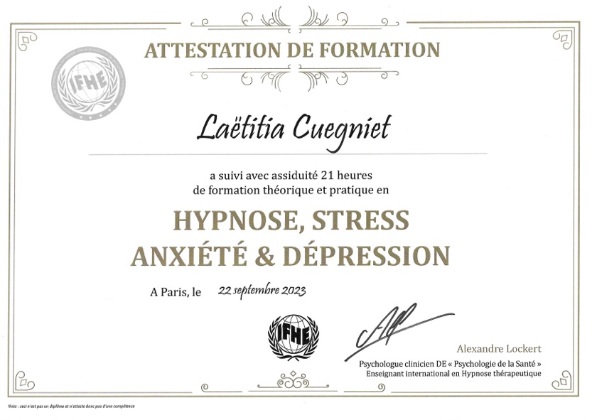 Spécialisation en hypnose, stress, anxiété et dépression