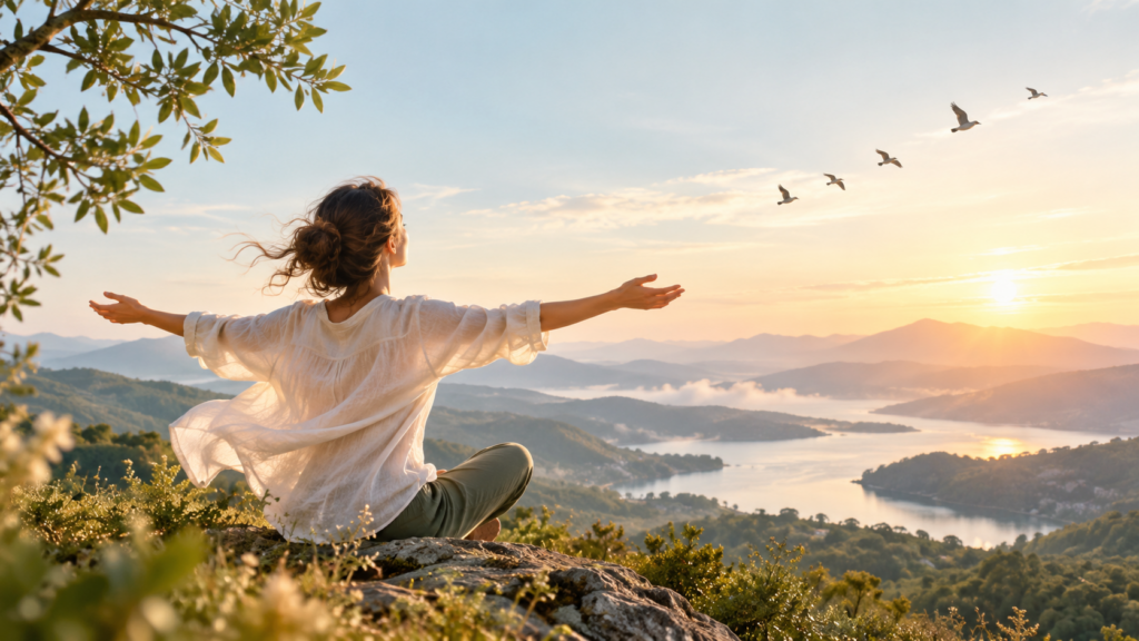 Femme assise face à un paysage au lever du jour, les bras ouverts