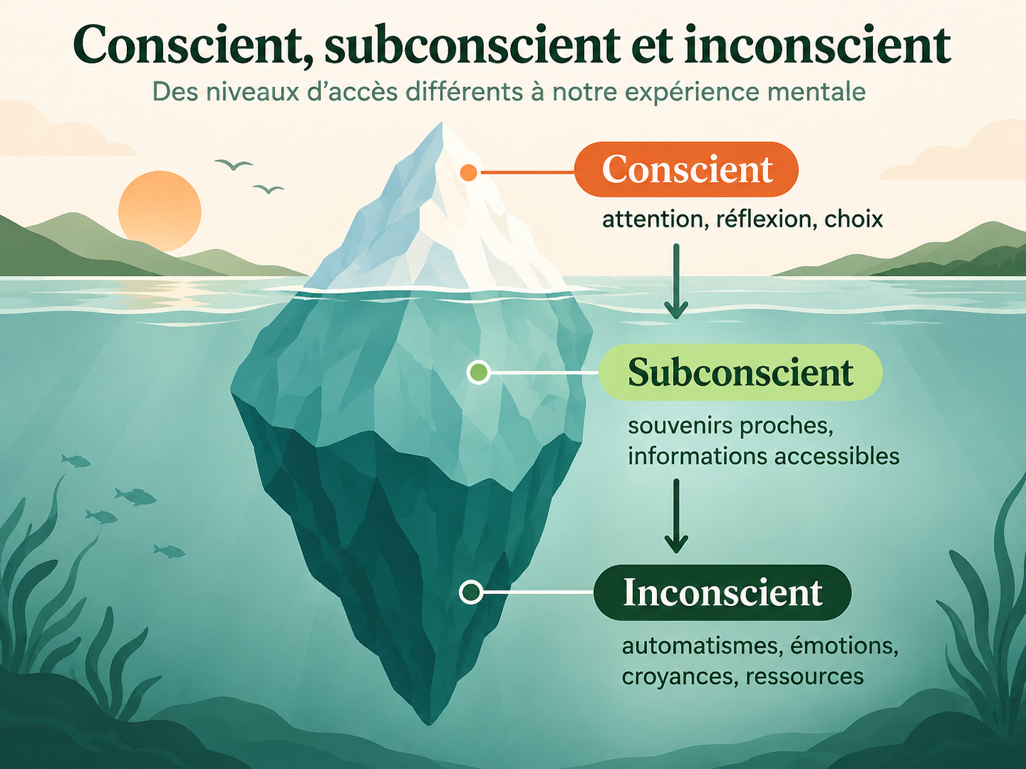 Illustration en forme d’iceberg représentant le conscient, le subconscient et l’inconscient à différents niveaux de profondeur.