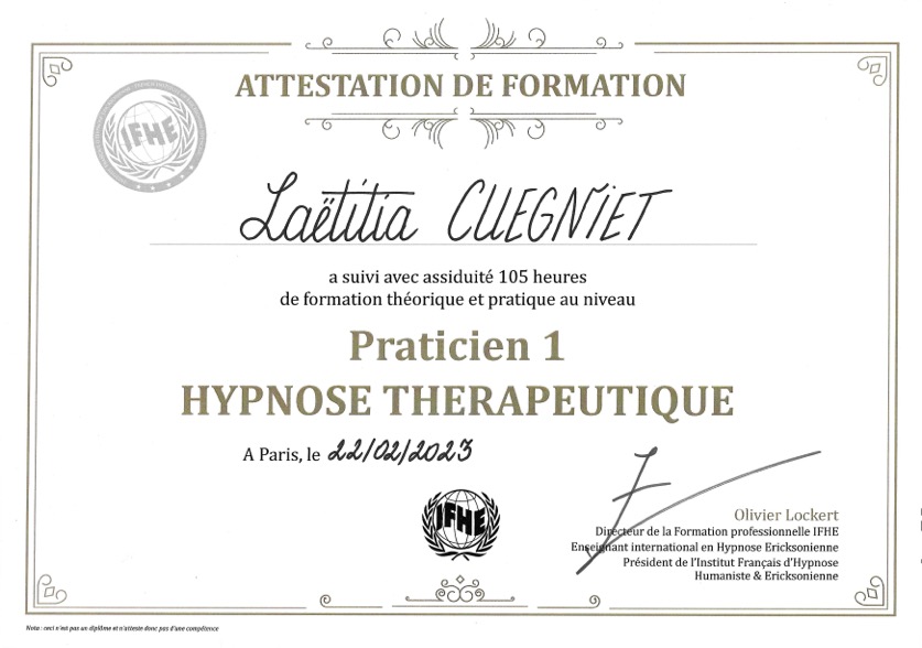 Certification praticien 1 en Hypnose thérapeutique de Laëtitia CUEGNIET