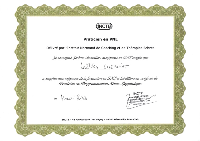 Certification de praticien en Programmation Neuro-Linguistique PNL de Laëtitia CUEGNIET
