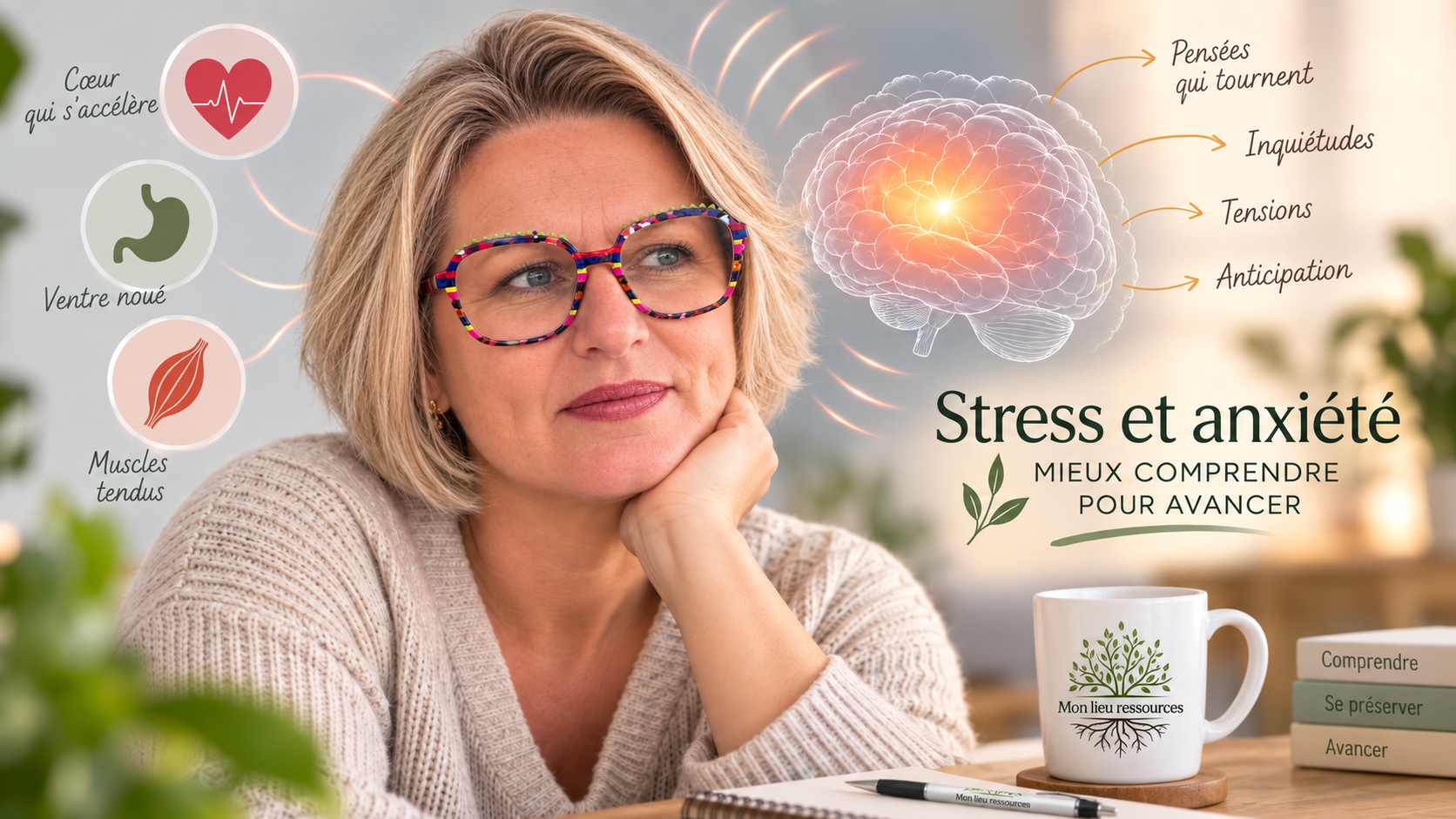 Femme pensive illustrant le stress et l’anxiété, avec cerveau, pensées et manifestations corporelles.