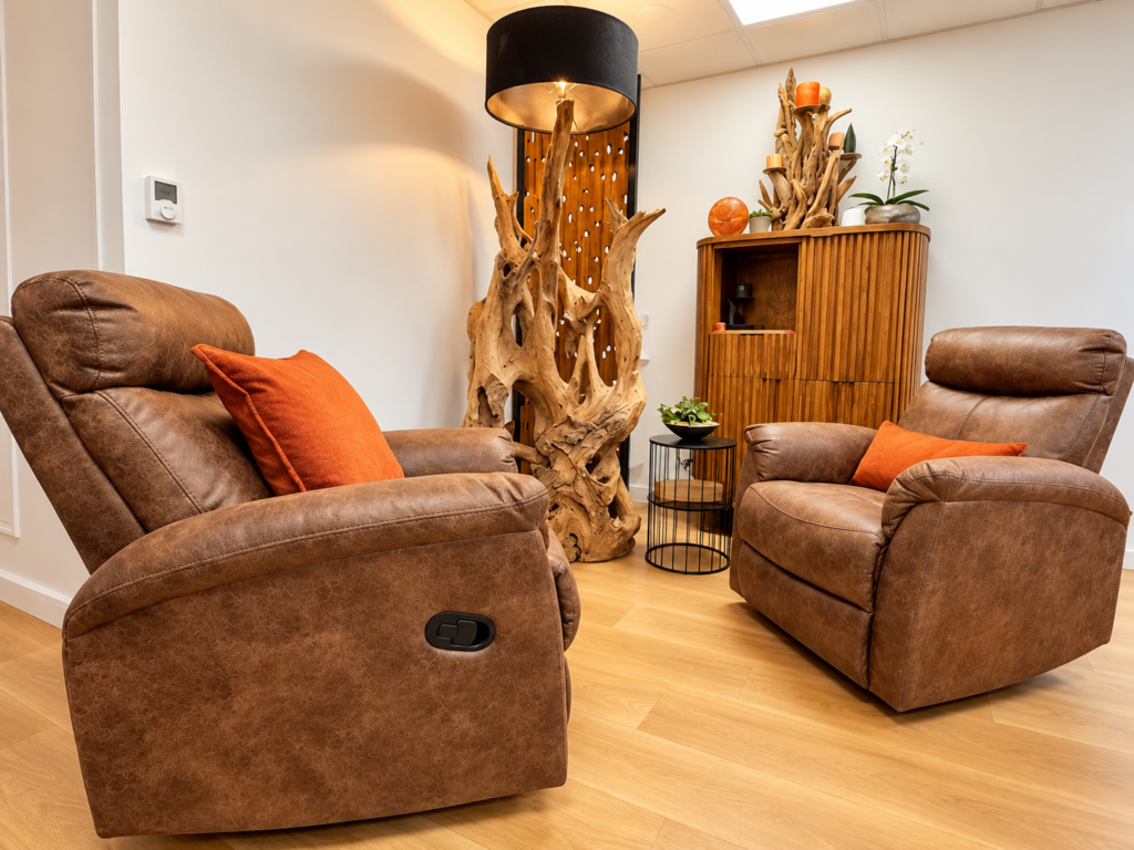 Espace d’hypnose thérapeutique avec deux fauteuils au cabinet Mon lieu ressources de Laëtitia Cuegniet à Ouistreham
