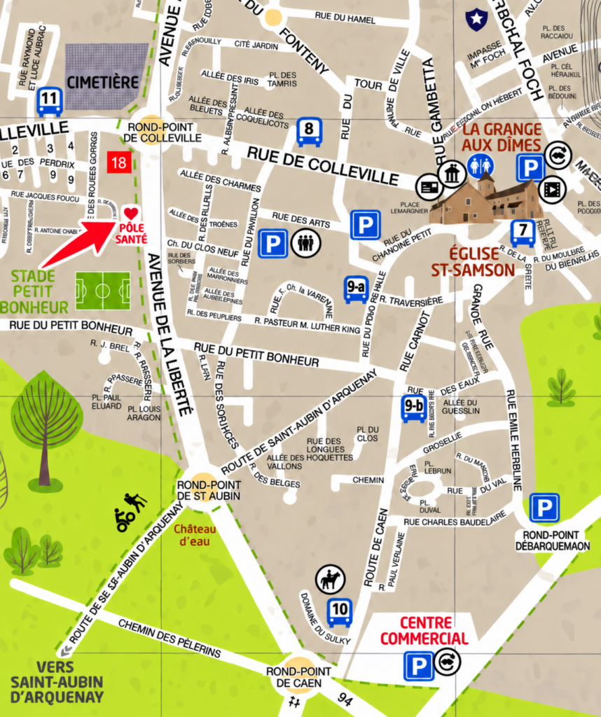 Plan d’accès à Mon Lieu Ressources, cabinet d’hypnose et d’accompagnement thérapeutique à Ouistreham, au pôle santé près du centre de secours et du centre commercial Carrefour.