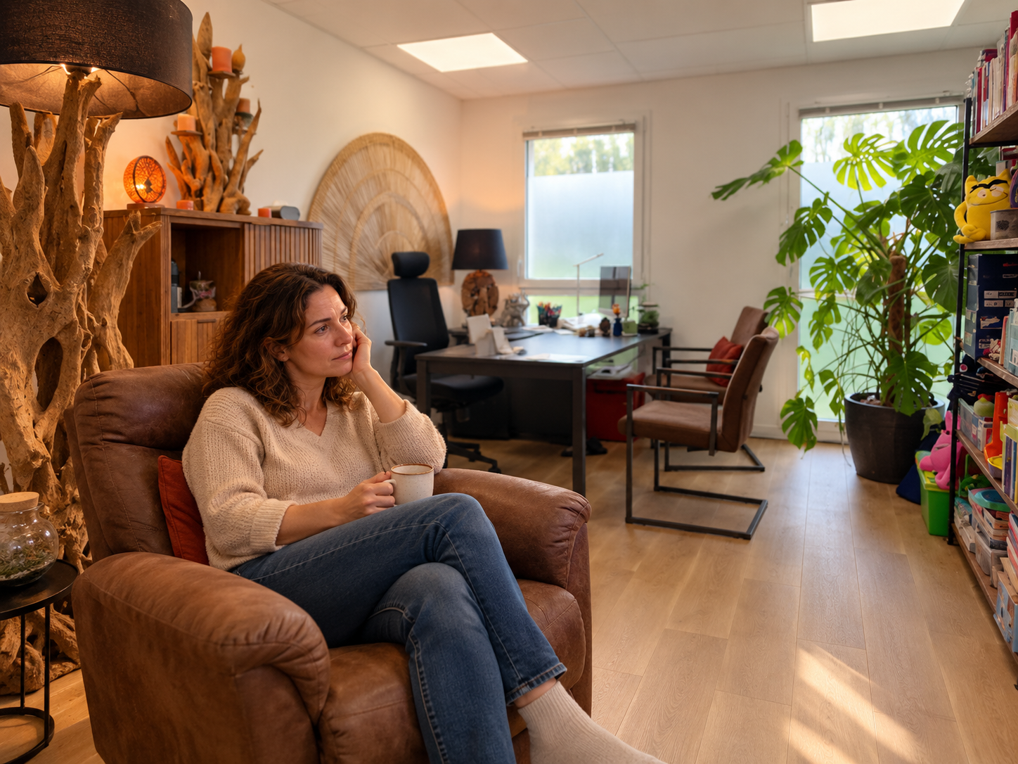 Femme adulte pensive dans le cabinet Mon lieu ressources, illustrant le débordement émotionnel.